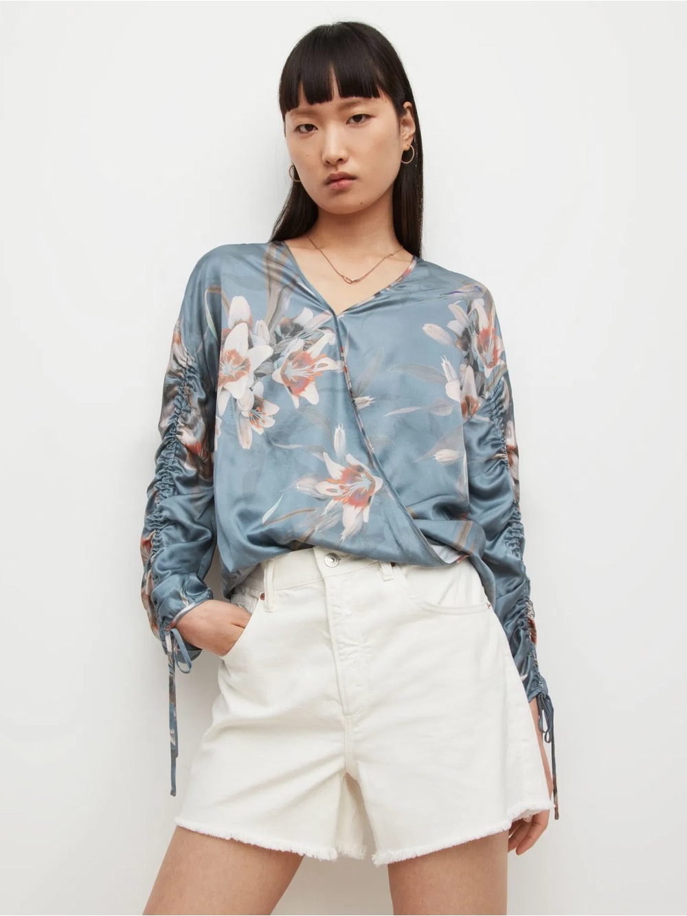 AllSaints Preslie Kuroyuri Silk Blend Blouse Floral Dusty Blue